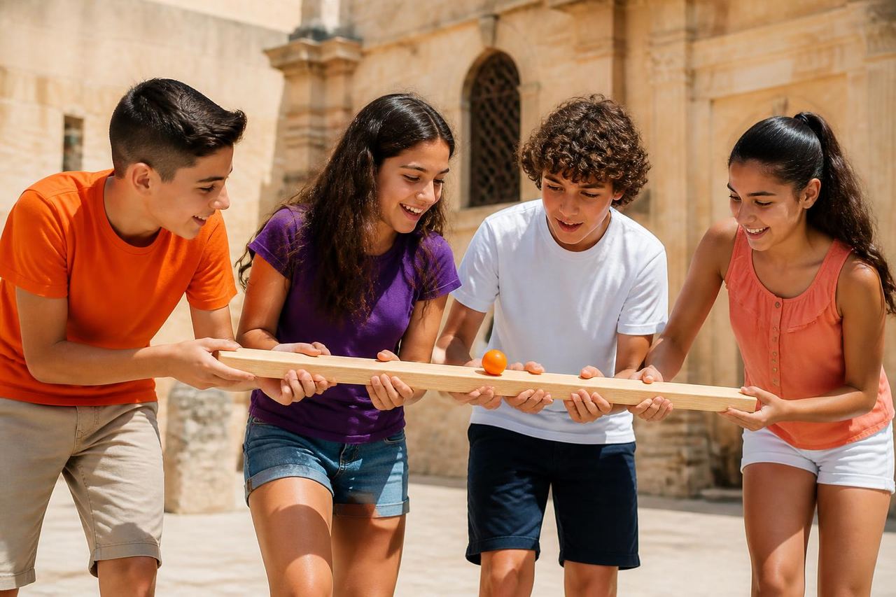 Children in Malta working together on an outdoor team challenge